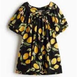 NWT H&M Lemon Print Baby Doll Black Dress